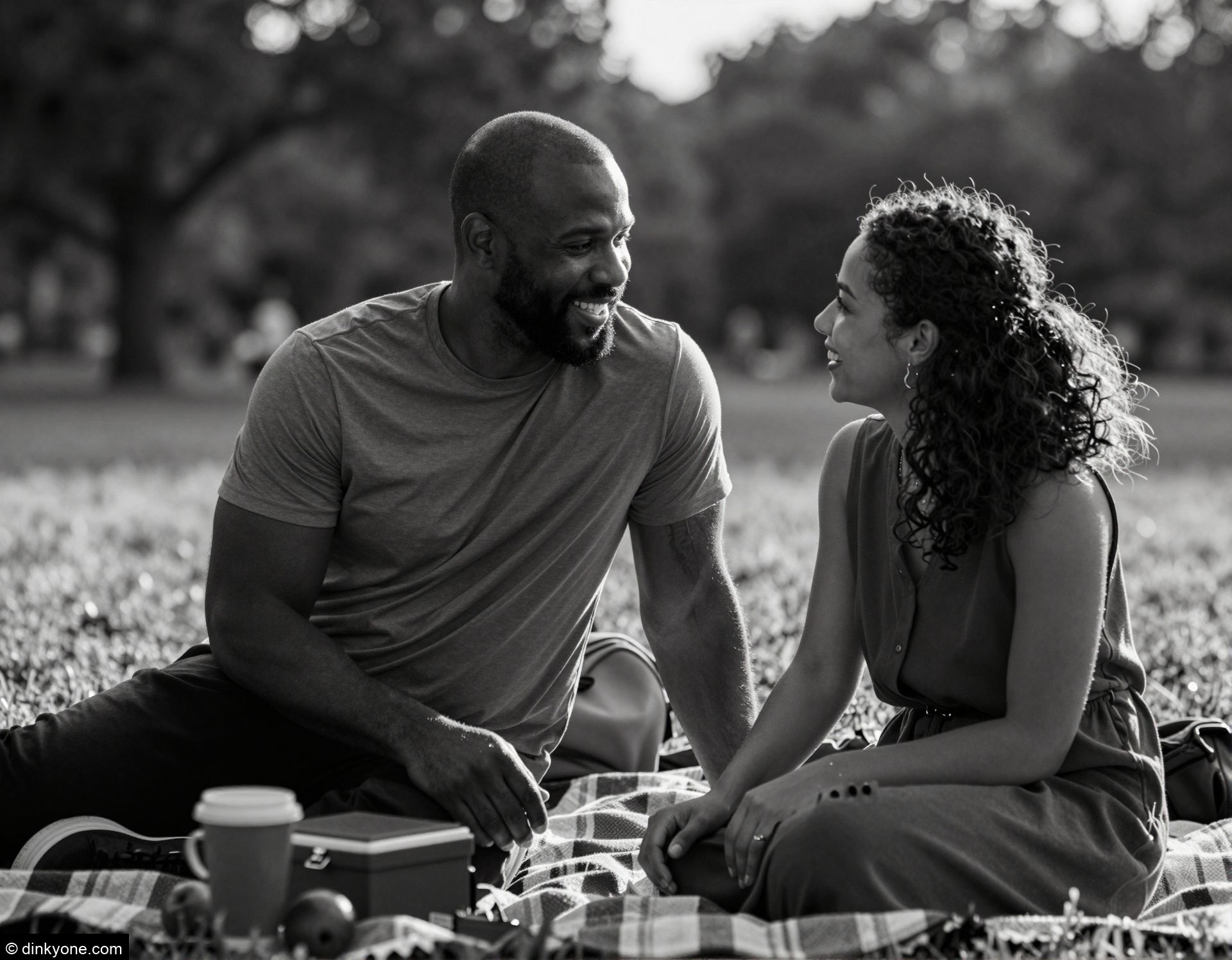 Ein kräftig wirkendes Paar auf einer Picknickdecke im Park bei Sonnenuntergang.