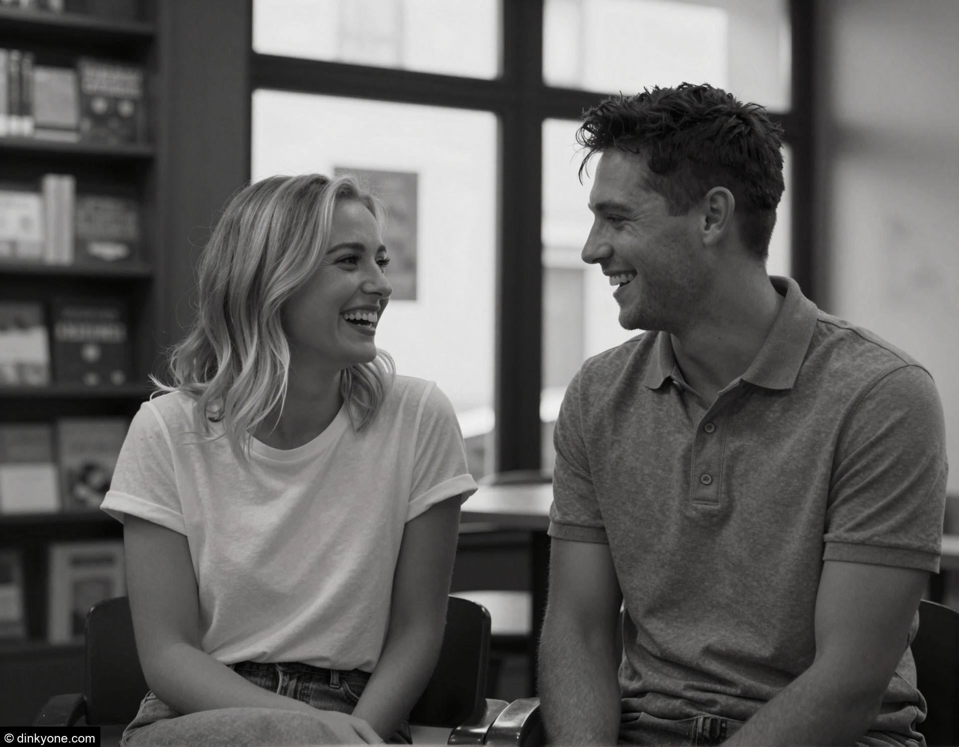 A young couple inside an independent bookstore with large windows.