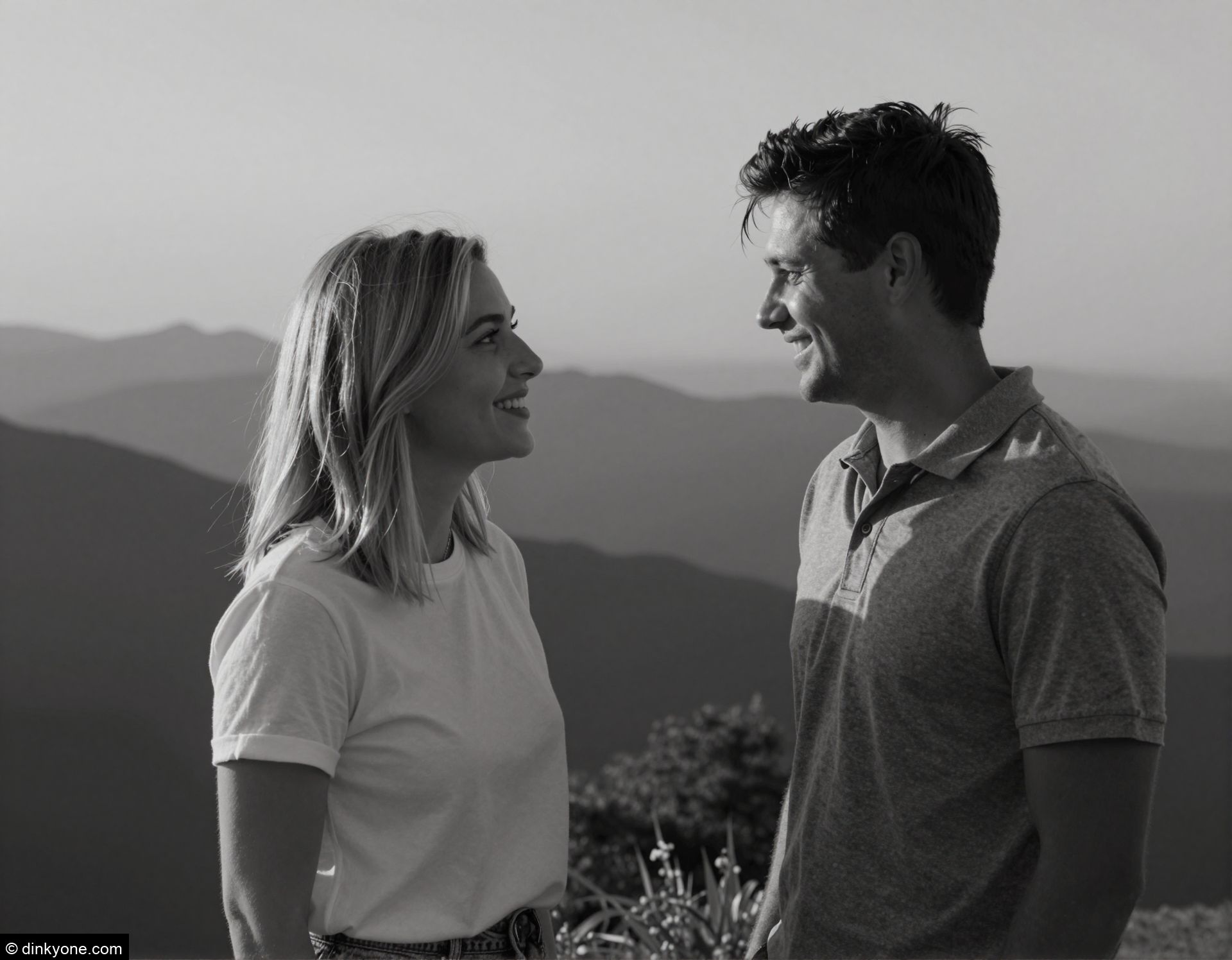 A young couple at a mountain viewpoint during golden hour.