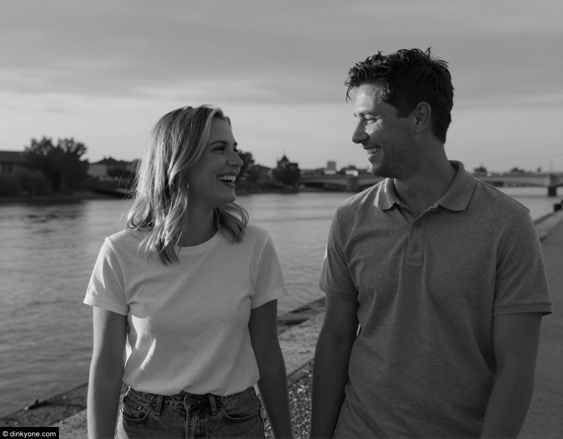 A young couple on a riverside promenade during sunset.