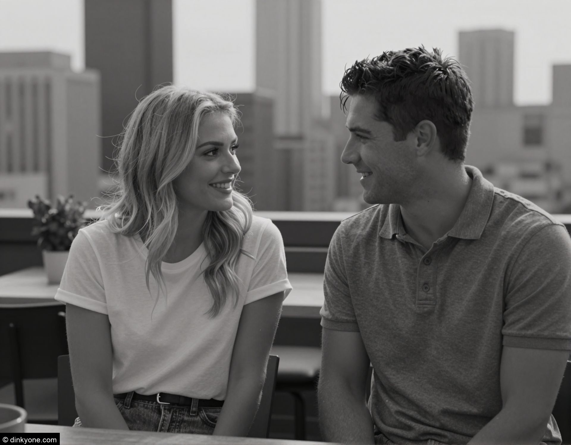 A young couple at a rooftop cafe overlooking the city skyline.