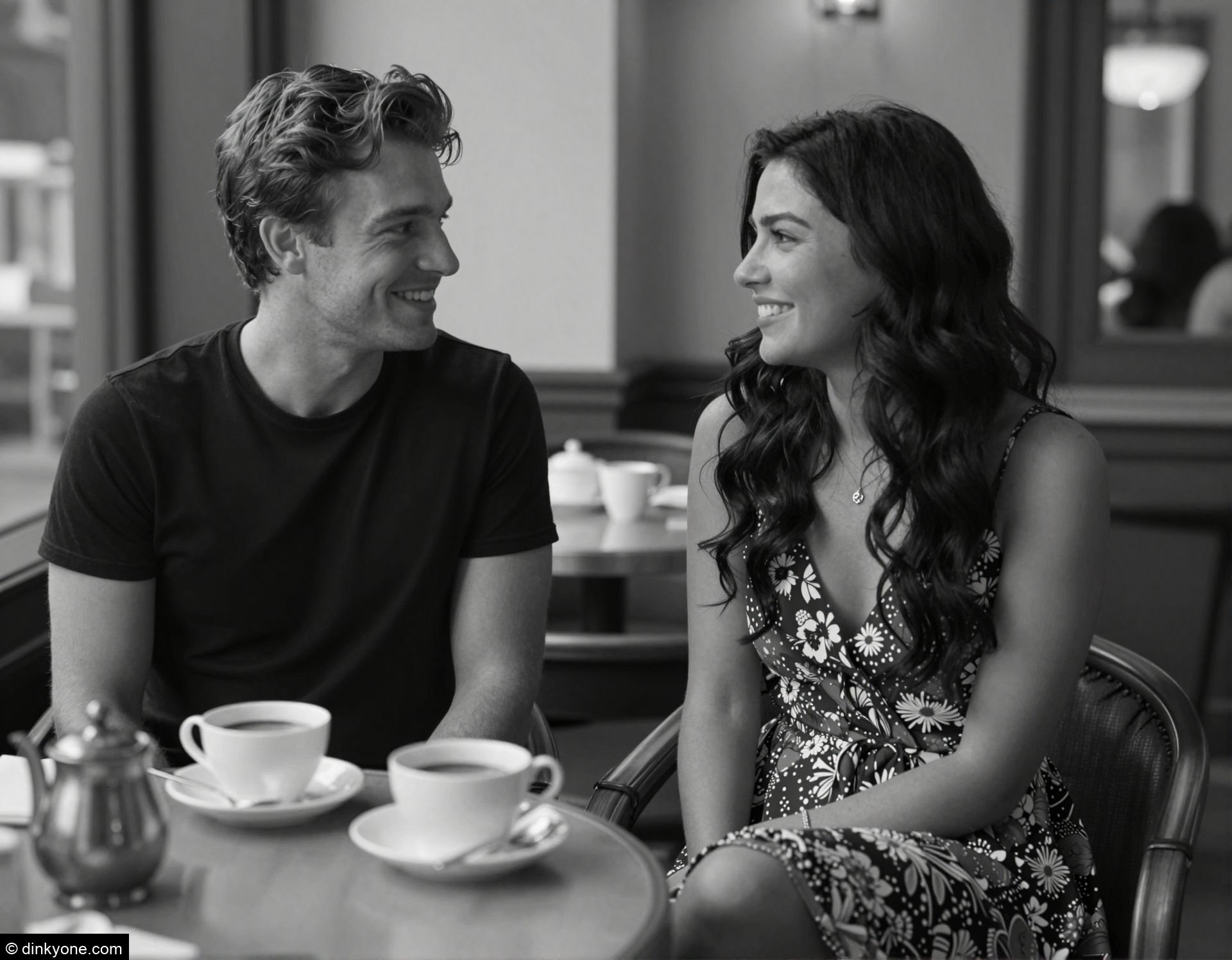 A young couple in a tea room with elegant decor.