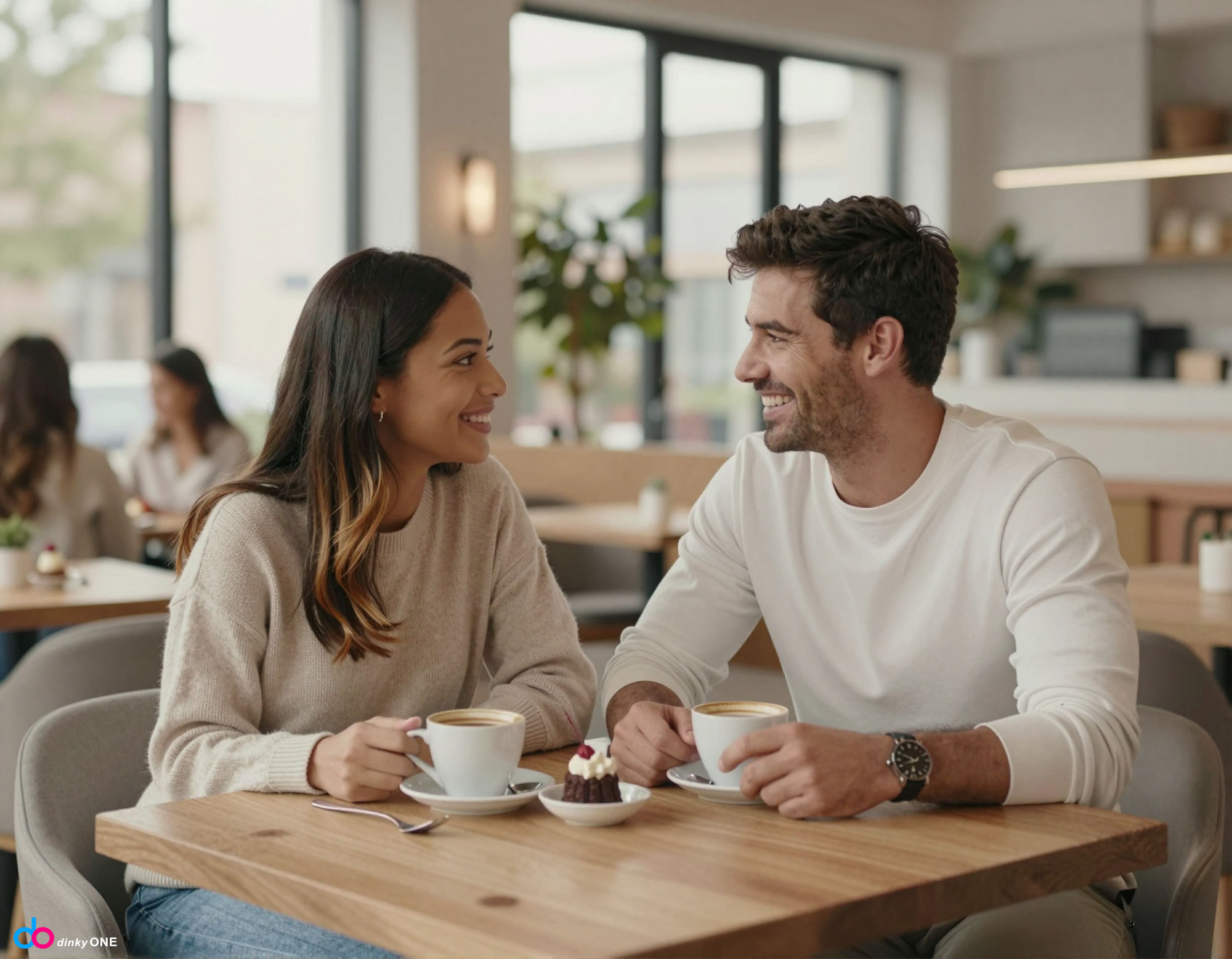 A couple in a cafe who met on a small penis dating site